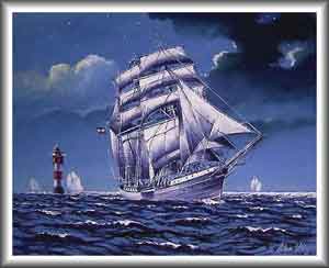 die Dreimastbark unter vollen Segeln bei Nacht